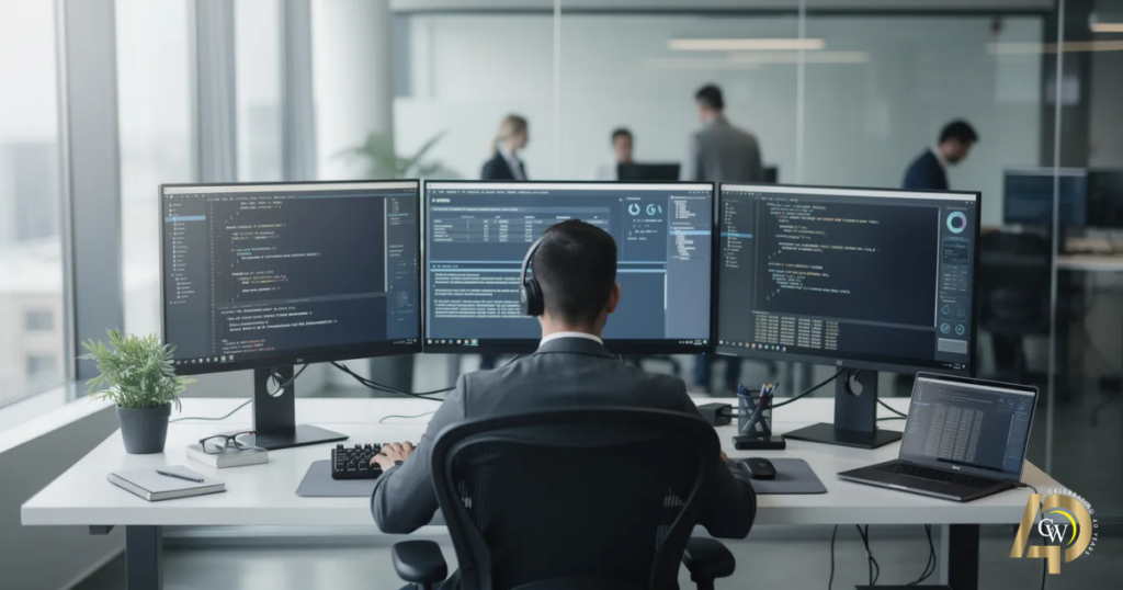 Local IT technician is seated at a modern desk, surrounded by multiple computer monitors displaying various technical data and software applications, in a contemporary office environment. This scene highlights the technician's role in providing managed IT services and ongoing support to ensure efficient business operations and network security.