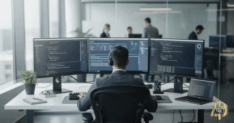 Local IT technician is seated at a modern desk, surrounded by multiple computer monitors displaying various technical data and software applications, in a contemporary office environment. This scene highlights the technician's role in providing managed IT services and ongoing support to ensure efficient business operations and network security.