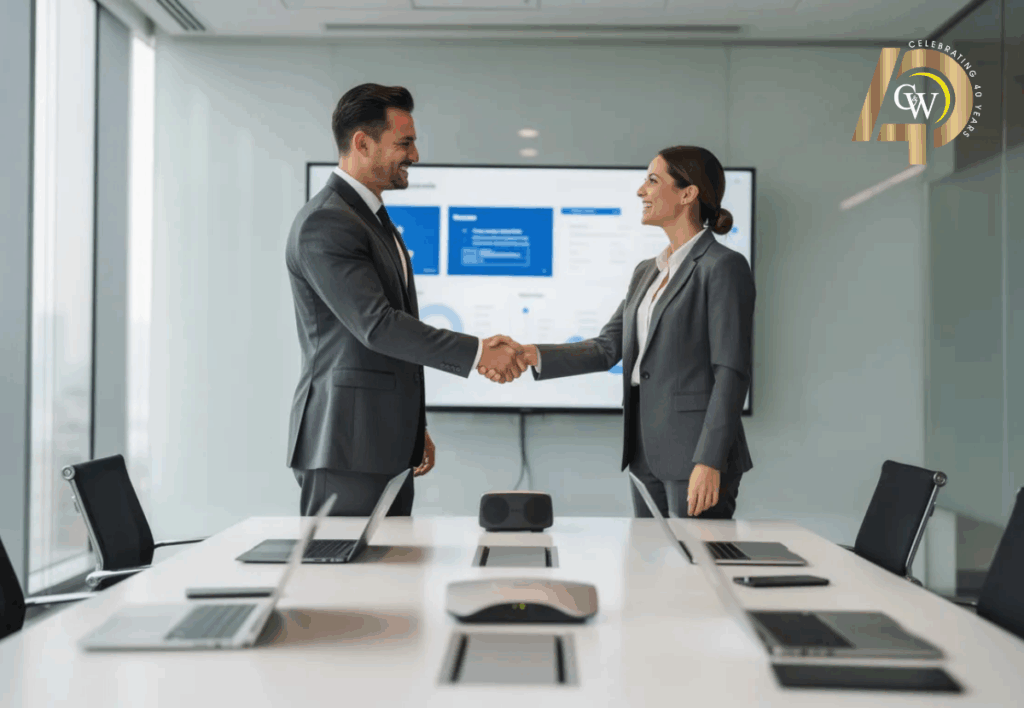 Business partners shaking hands in IT company