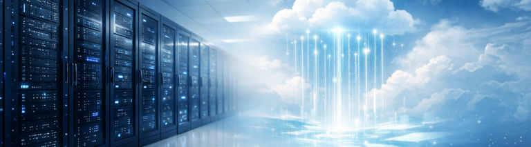 A modern data center blending into a bright cloud environment with digital data beams, representing seamless cloud migration solutions for businesses
