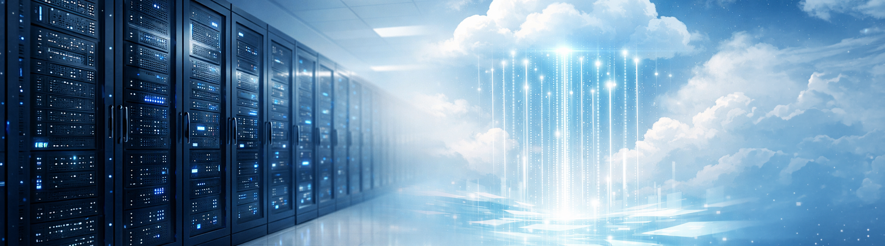 A modern data center blending into a bright cloud environment with digital data beams, representing seamless cloud migration solutions for businesses
