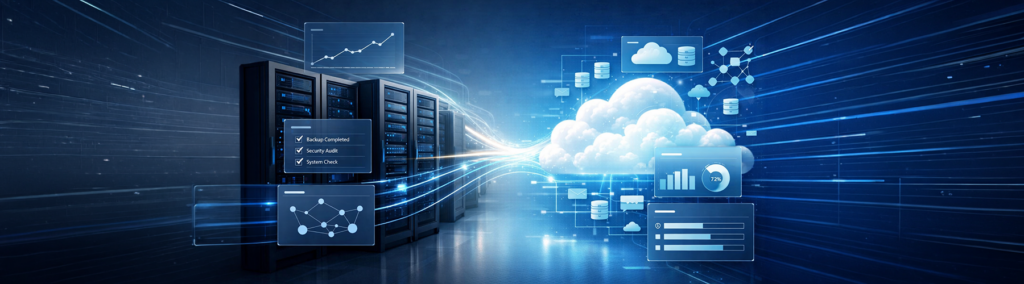 A visual guide to cloud migration tools showing server-to-cloud data transfer with backup, security, and system analytics