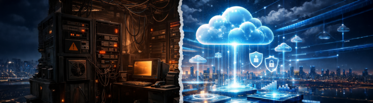 Split-scene illustration contrasting an outdated, cable-cluttered on-premise server room with a modern, secure cloud infrastructure. Representing the business case for cloud migration.