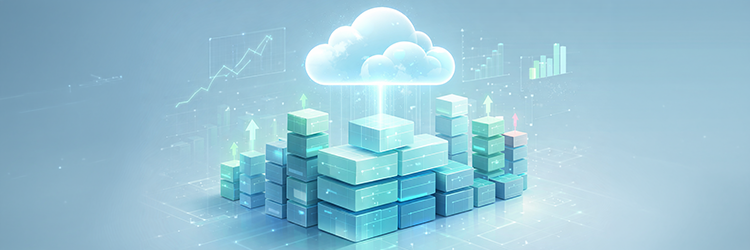 Illustration of stacked server blocks with upward growth arrows connecting to a cloud, symbolizing how SMBs can scale IT infrastructure and reduce costs through cloud migration.
