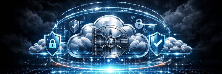 A fortified cloud with a vault door, security shields, and lock icons surrounded by a glowing digital perimeter, illustrating enterprise-level cloud security accessible to small and mid-sized businesses.