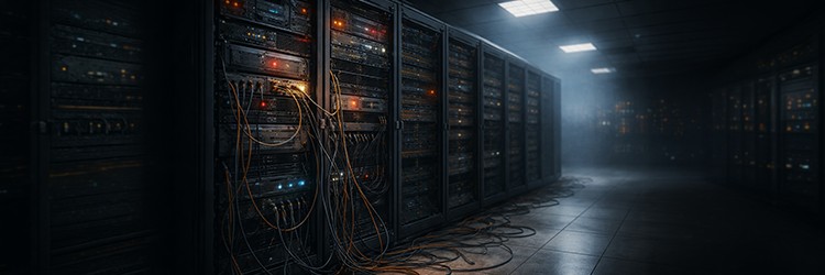 Dimly lit on-premises data center with tangled cables and aging server racks representing legacy infrastructure before cloud migration