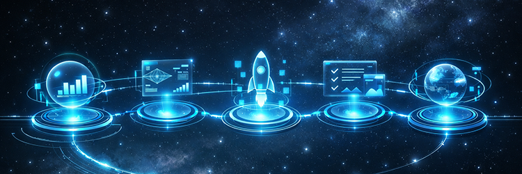 A neon blue space-themed diagram showing interconnected stages of a cloud migration journey, from data analysis to global deployment