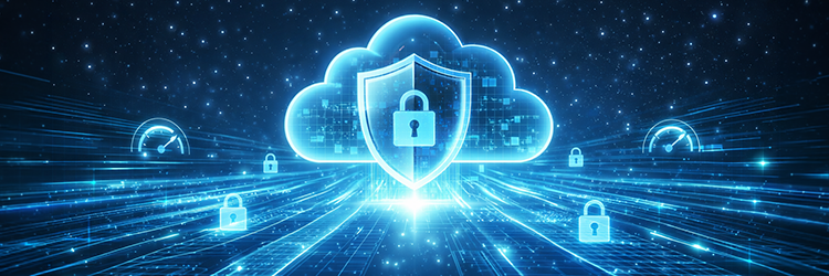 Neon blue cloud icon surrounded by shields and lock symbols, illustrating the security considerations across public, private, and hybrid cloud migration types.