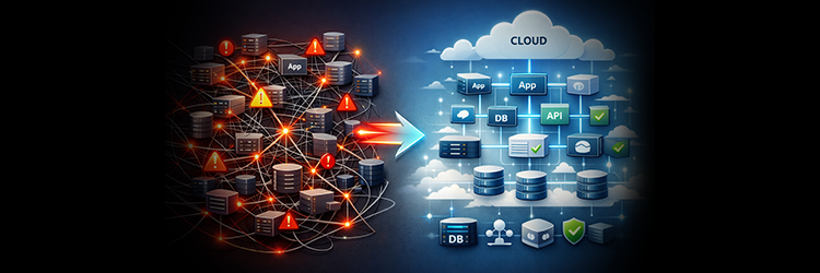 Before-and-after comparison showing chaotic on-premise app and database errors transforming into an organised, secure cloud environment with apps, APIs, and databases