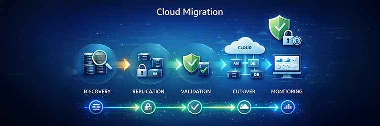 Cloud migration process flowchart showing five core stages: Discovery, Replication, Validation, Cutover, and Monitoring