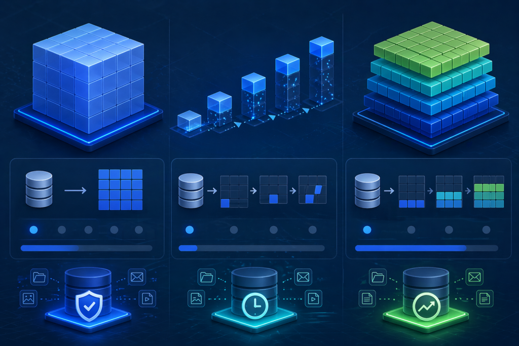 Visual comparison of full, incremental, and differential cloud backup types, showing complete data copies versus progressive backup strategies for South Florida business data protection.