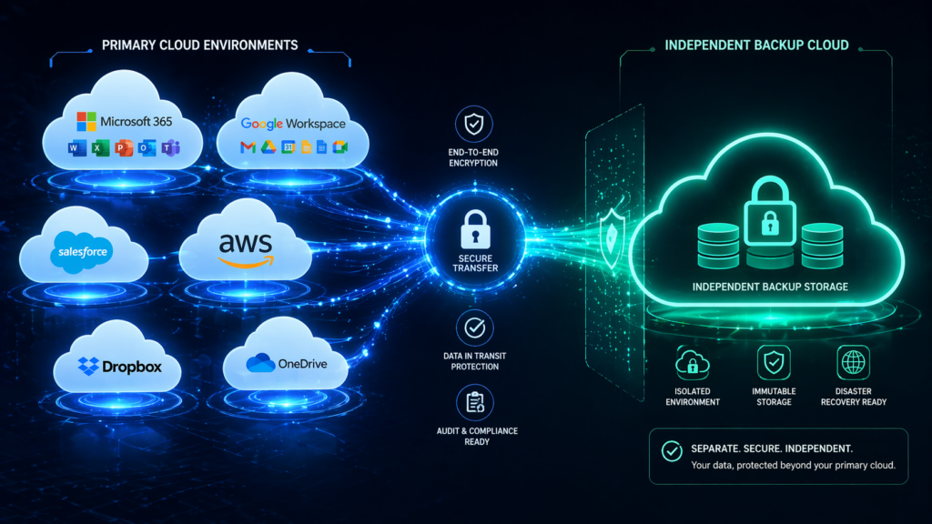 Diagram showing cloud-to-cloud backup securely transferring data from Microsoft 365, Google Workspace, Salesforce, AWS, Dropbox, and OneDrive to an independent backup cloud with isolated, immutable storage.