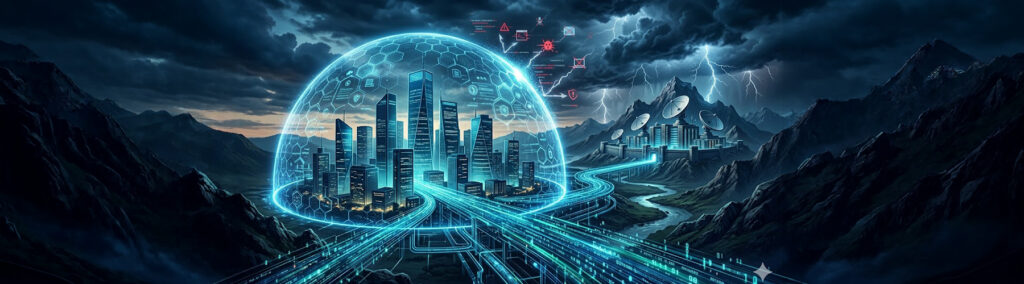 A glowing digital dome shields a futuristic city from a stormy sky, symbolizing cloud backup protecting business data from cyber threats and disasters.