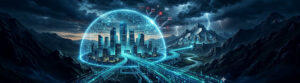 A glowing digital dome shields a futuristic city from a stormy sky, symbolizing cloud backup protecting business data from cyber threats and disasters.