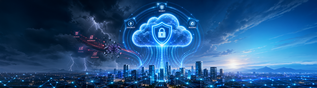 A glowing cloud security shield rising over a connected city skyline, representing cloud backup protection for South Florida small businesses