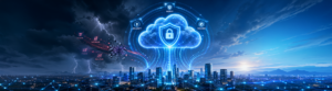 A glowing cloud security shield rising over a connected city skyline, representing cloud backup protection for South Florida small businesses