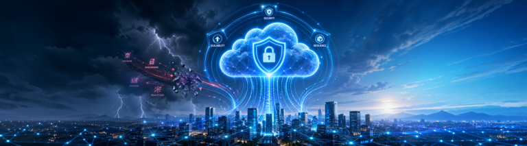 A glowing cloud security shield rising over a connected city skyline, representing cloud backup protection for South Florida small businesses
