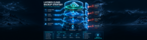 Layered cloud backup strategy diagram showing on-premises, replica, cloud backup, and cloud archive tiers protecting SMB data from ransomware, system failures, and natural disasters.