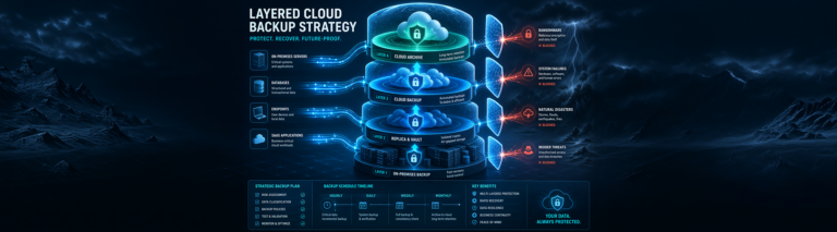 Layered cloud backup strategy diagram showing on-premises, replica, cloud backup, and cloud archive tiers protecting SMB data from ransomware, system failures, and natural disasters.
