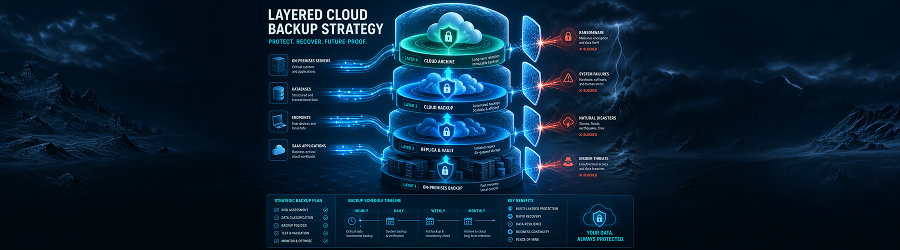 Layered cloud backup strategy diagram showing on-premises, replica, cloud backup, and cloud archive tiers protecting SMB data from ransomware, system failures, and natural disasters.