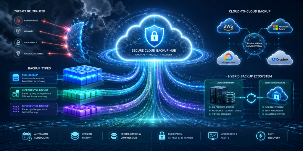 Infographic showing a secure cloud backup hub protecting South Florida businesses from ransomware, malware, and data breaches, featuring hybrid backup ecosystems and cross-platform cloud storage solutions.