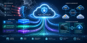 Infographic showing a secure cloud backup hub protecting South Florida businesses from ransomware, malware, and data breaches, featuring hybrid backup ecosystems and cross-platform cloud storage solutions.