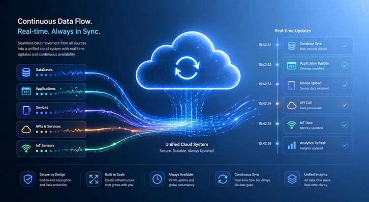 Infographic showing continuous real-time data flow from databases, devices, and IoT sensors into a unified cloud backup system, illustrating why South Florida SMBs should switch from local to cloud backup