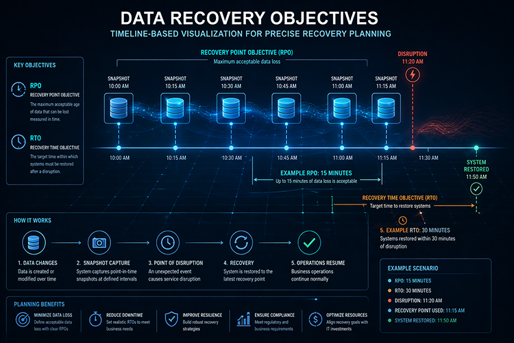 Data recovery objectives diagram showing RPO and RTO on a timeline, with 15-minute snapshot intervals and a 30-minute system restoration target following a disruption event.