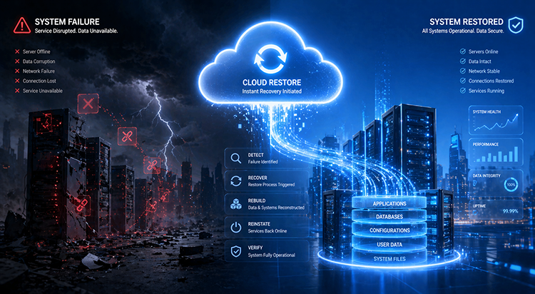 Side-by-side comparison of system failure versus full cloud restore, showing how automated cloud backup recovers applications, databases, and user data for South Florida SMBs