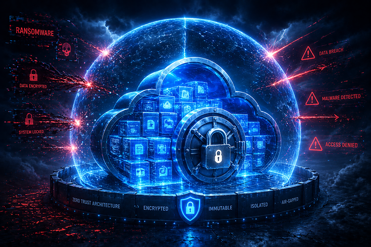 Glowing digital cloud shield with encrypted, isolated, and air-gapped backup layers defending small business data against ransomware, malware, and unauthorized access.