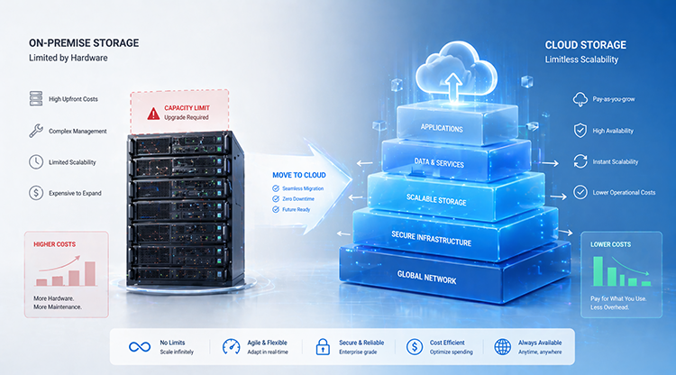 Diagram of hardware-limited local servers versus a layered cloud storage system with secure infrastructure and global network.