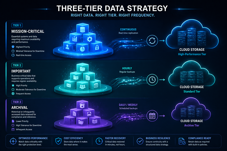 Diagram illustrating how small businesses can classify data across three priority tiers and match each to the right cloud storage tier and backup schedule for cost-efficient protection.