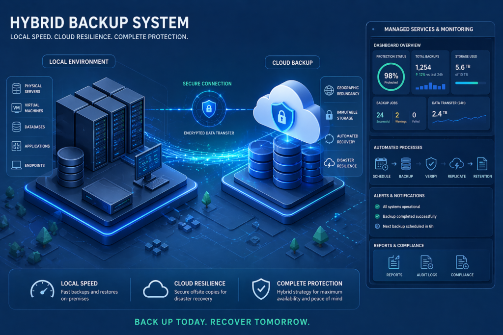 Hybrid backup system diagram showing encrypted data transfer from local servers, virtual machines, and databases to cloud backup with geographic redundancy, immutable storage, and automated disaster recovery.