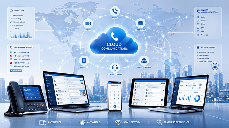 Cloud communications platform showing VoIP features including voice, video, messaging, and collaboration tools accessible across any device, network, or location.