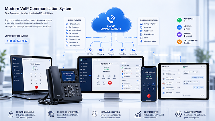 Modern VoIP communication system displaying HD voice, messaging, voicemail, video calls, and conferencing tools unified under one business number across desktop, phone, and tablet.