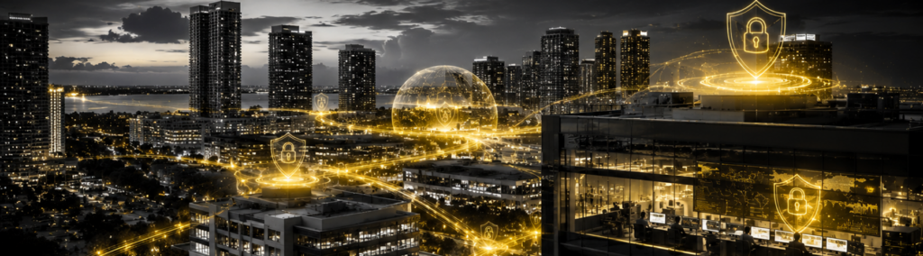 Golden cybersecurity lock icons overlaid on a glowing South Florida city skyline at night, representing managed network security services for Stuart and Palm Beach area businesses.