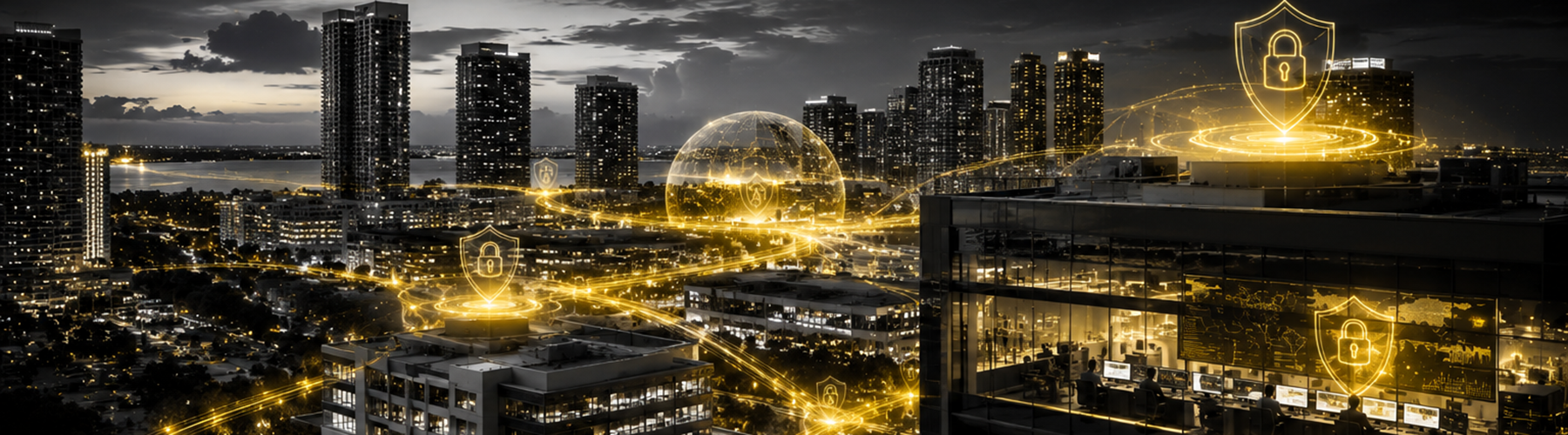 Golden cybersecurity lock icons overlaid on a glowing South Florida city skyline at night, representing managed network security services for Stuart and Palm Beach area businesses.