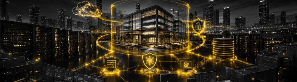 Illustration of layered network security protecting a South Florida business, with glowing cybersecurity shields, cloud infrastructure, and firewall icons connected across a city skyline.