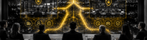 Business executives reviewing a network security dashboard with glowing digital threat detection icons, representing the decision between in-house and outsourced network security management for Florida businesses.
