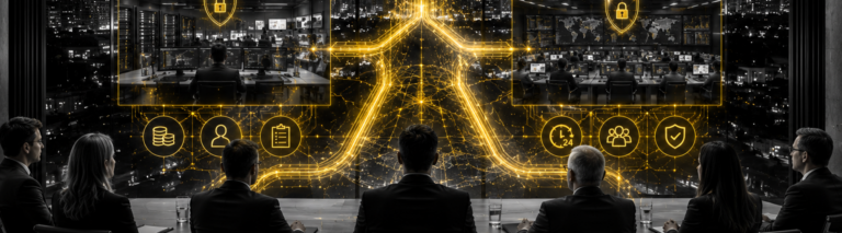 Business executives reviewing a network security dashboard with glowing digital threat detection icons, representing the decision between in-house and outsourced network security management for Florida businesses.