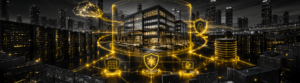 Illustration of layered network security protecting a South Florida business, with glowing cybersecurity shields, cloud infrastructure, and firewall icons connected across a city skyline.