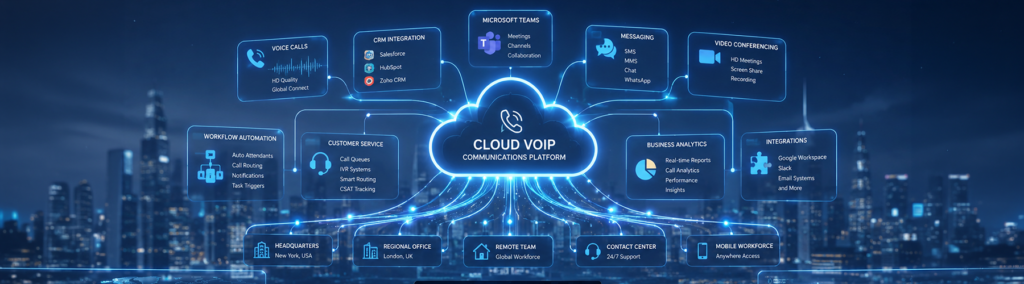 Cloud VoIP communications platform diagram showing integrations with Microsoft Teams, CRM systems, video conferencing, and business analytics tools for enterprise productivity
