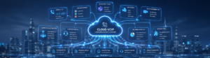 Cloud VoIP communications platform diagram showing integrations with Microsoft Teams, CRM systems, video conferencing, and business analytics tools for enterprise productivity
