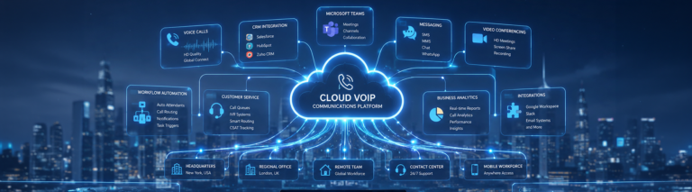 Cloud VoIP communications platform diagram showing integrations with Microsoft Teams, CRM systems, video conferencing, and business analytics tools for enterprise productivity