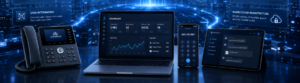 A cloud-based business phone system with CRM integration and real-time analytics, showing essential VoIP features across a desk phone, laptop, smartphone, and tablet.