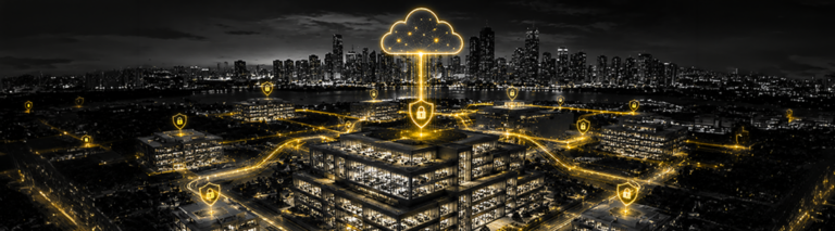 Aerial view of a connected city at night with glowing gold cloud security icons and shield symbols, representing enterprise network security for Florida businesses.