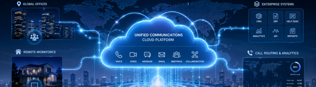 A glowing cloud platform diagram illustrating a unified communications system connecting global offices, remote workers, and enterprise tools like CRM, ERP, and analytics through voice, video, email, and collaboration channels.
