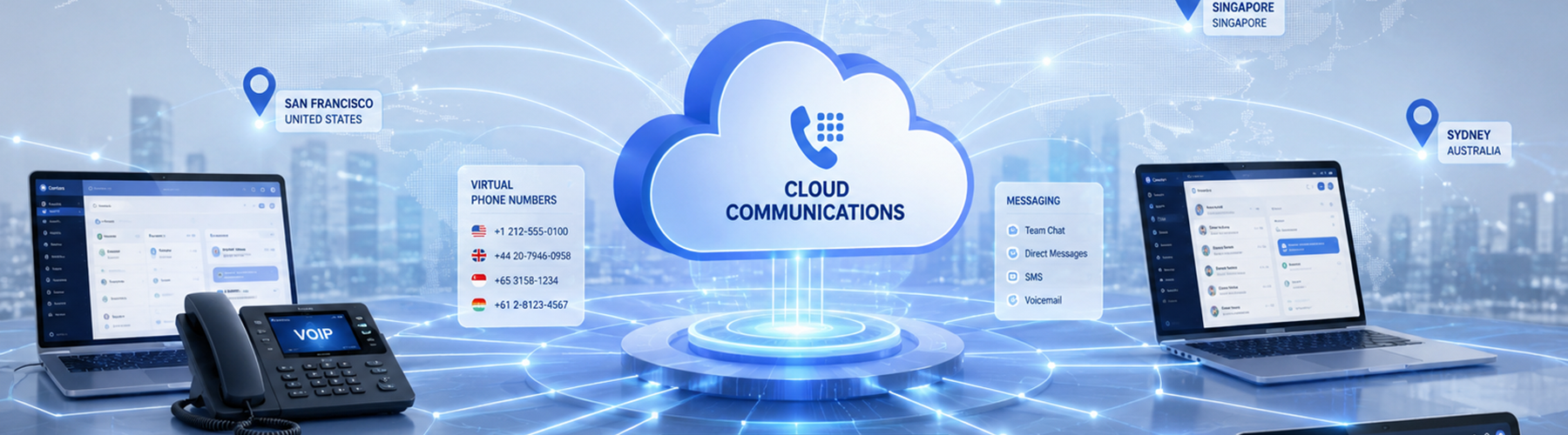 Cloud communications dashboard showing VoIP phone, virtual phone numbers, and messaging tools connecting remote teams.