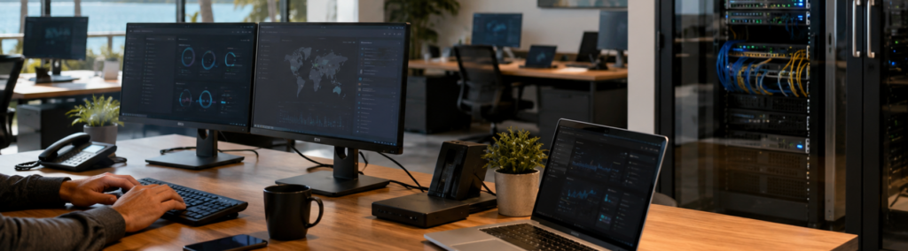 IT technician monitoring network dashboards and global data on dual screens, with a server rack visible in the background.