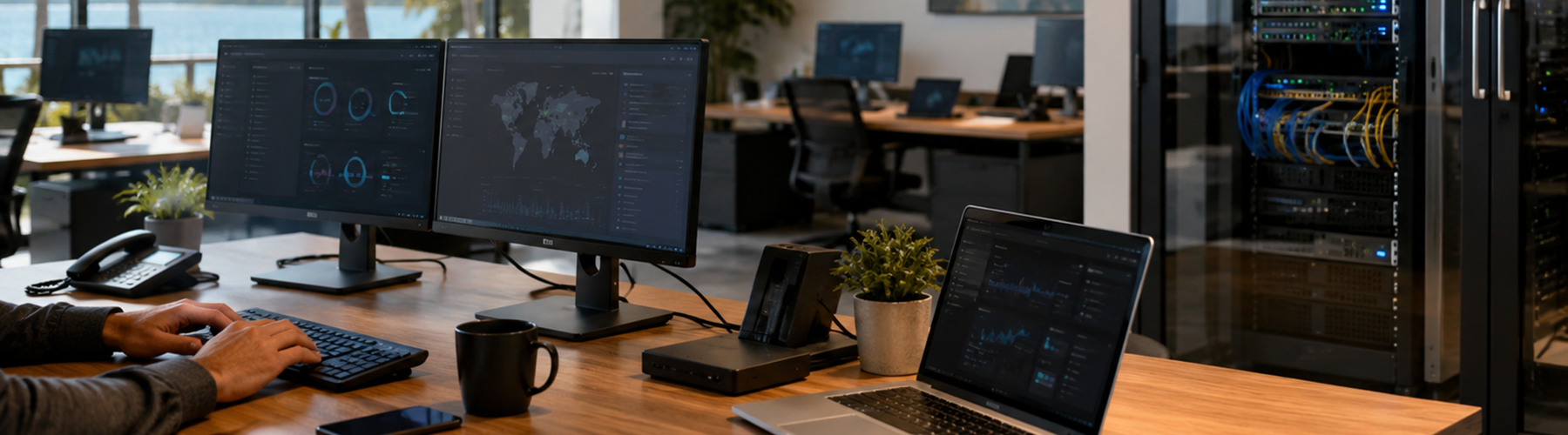 IT technician monitoring network dashboards and global data on dual screens, with a server rack visible in the background.
